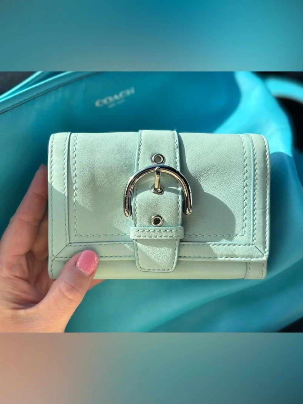 Coach Y2K Soho Silver Buckle Smooth Leather Mint/Sea Foam Folding Snap Wallet - Picture 2 of 12